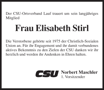 Traueranzeige von Elisabeth Stirl von Pegnitz-Zeitung